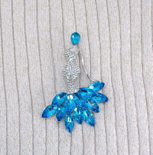 Crystal glamorous lady in aqua blue dress brooch