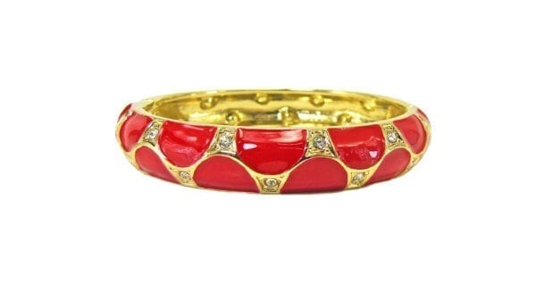 front view of a golden bracelet with large red circular inlays
