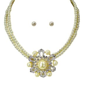 Pearl and Crystal Flower Necklace and Earring Set