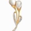 LILY FLOWER BROOCH WITH WHITE CATS EYE STONE & CRYSTALS - Image 2