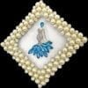 brooch shaped like a woman with blue gems surrounded by a square pearl frame