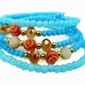 bracelets with rose-shaped pendant and blue beads