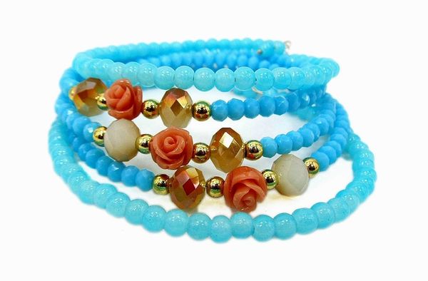 bracelets with rose-shaped pendant and blue beads