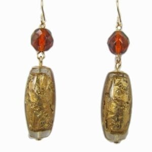 earrings with gold barrel gems and red beads