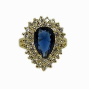 ring with teardrop sapphire gem surrounded by white crystals