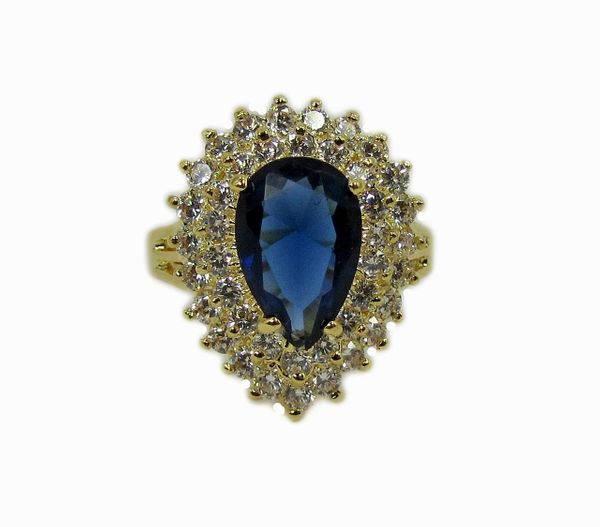 ring with teardrop sapphire gem surrounded by white crystals