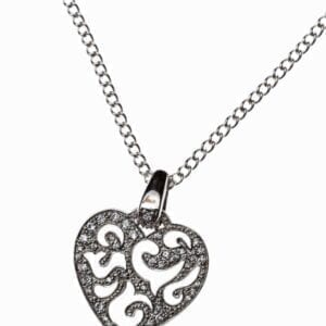 necklace with hear-shaped pendant with swirling designs