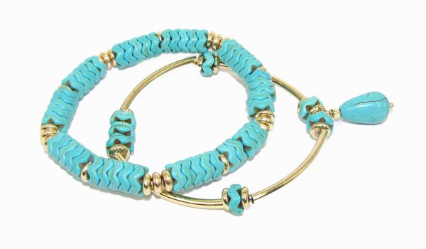 two bracelets with light blue beads