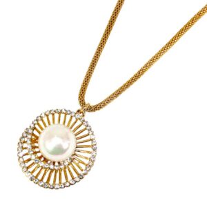 White Pearl & Crystal Gold Plated Pendant Necklace