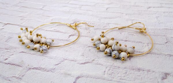GOLD HOOP EARRINGS WITH SMALL WHITE DANGLING BEADS - Image 3