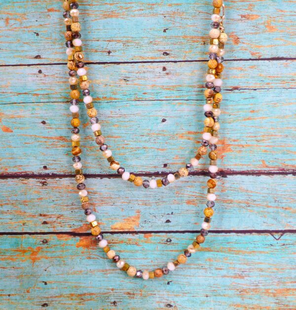 DOUBLE ROW NECK & EARRING SET WITH STONE, GLASS, AND METAL BEADS - Image 8