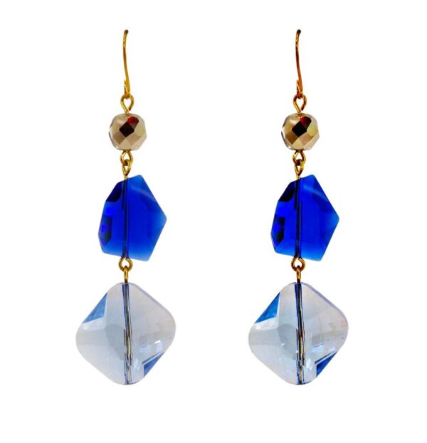 LONG BLUE GLASS TRIPLE BEADED EARRINGS