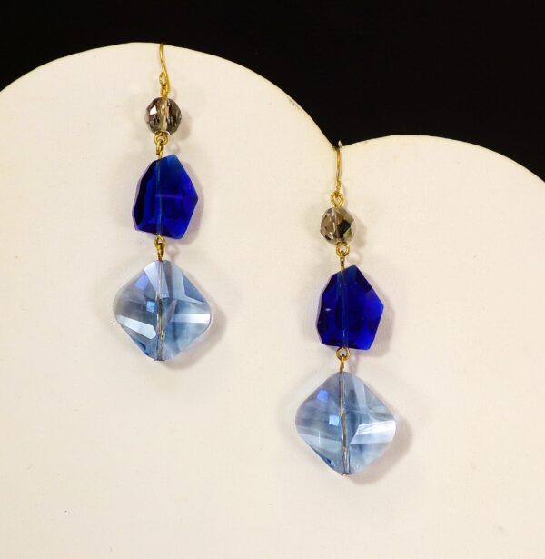 LONG BLUE GLASS TRIPLE BEADED EARRINGS - Image 2