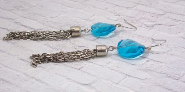 AQUA BLUE GLASS BEAD AND FRINGE EARRINGS - Image 2