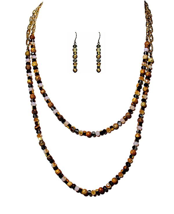 DOUBLE ROW NECK & EARRING SET WITH STONE, GLASS, AND METAL BEADS