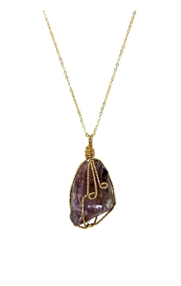 necklace with raw amethyst crystal encase in gold wiring
