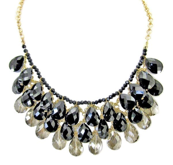 layered necklace with rows of dark, teardrop crystals