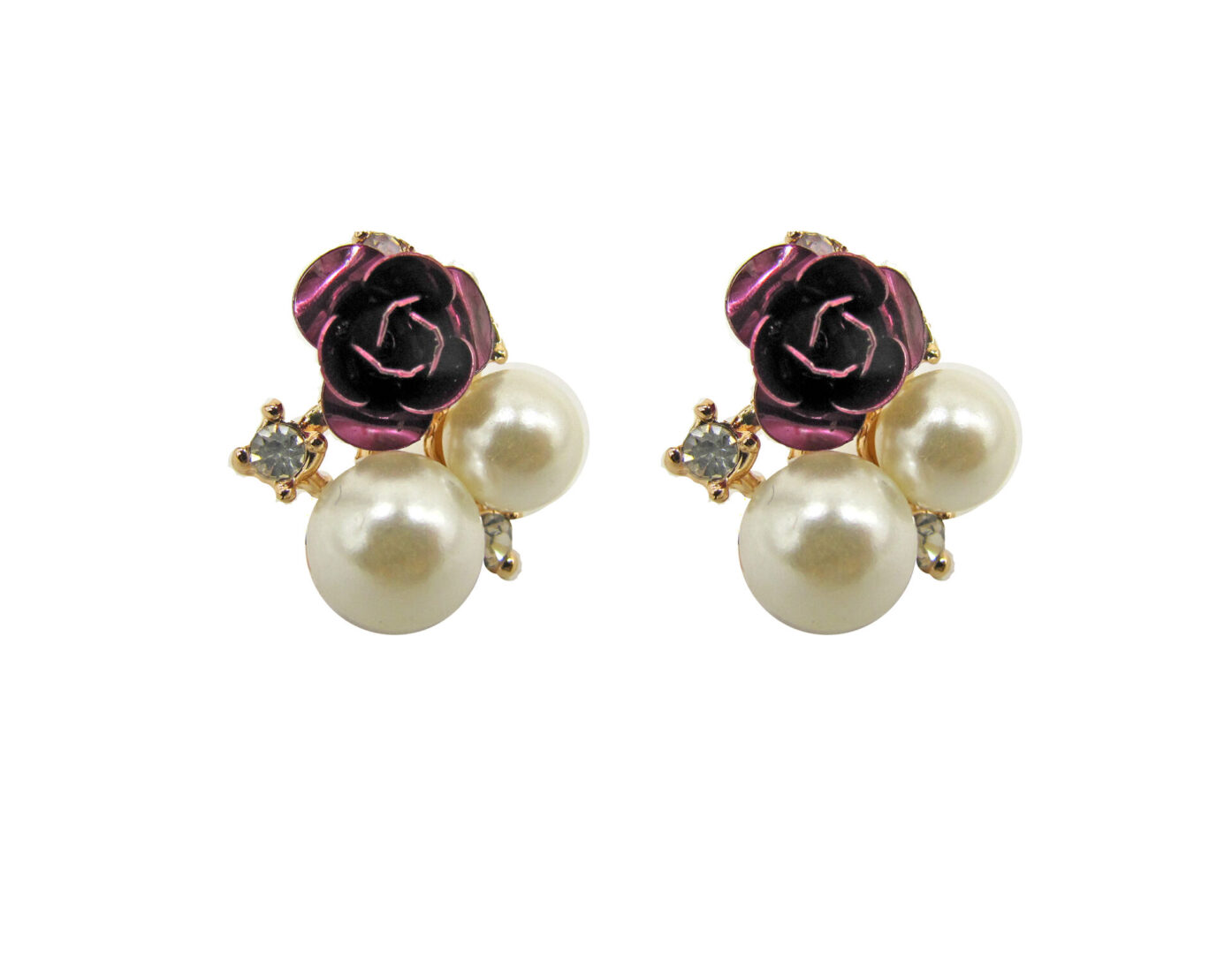 earrings with two pearls and a violet rose