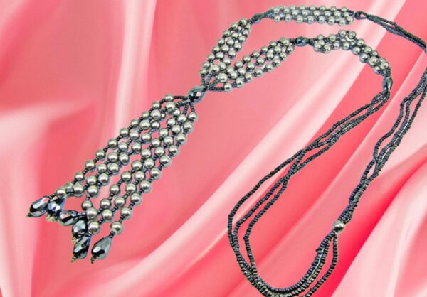 GRAY PEARL AND GLASS BEAD TASSEL NECKLACE - Image 6