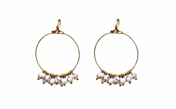 GOLD HOOP EARRINGS WITH SMALL WHITE DANGLING BEADS