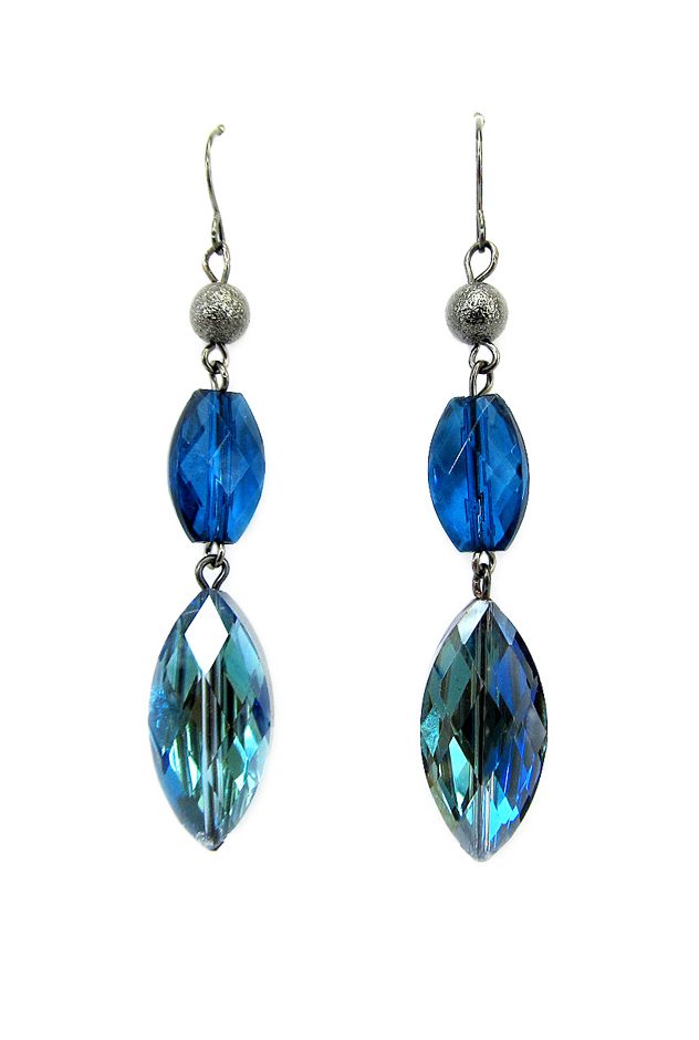 Long Blue Glass Crystal Earrings With Hooks