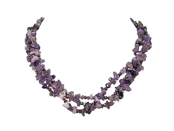PURPLE GLASS AND STONE THREE ROW NECKLACE