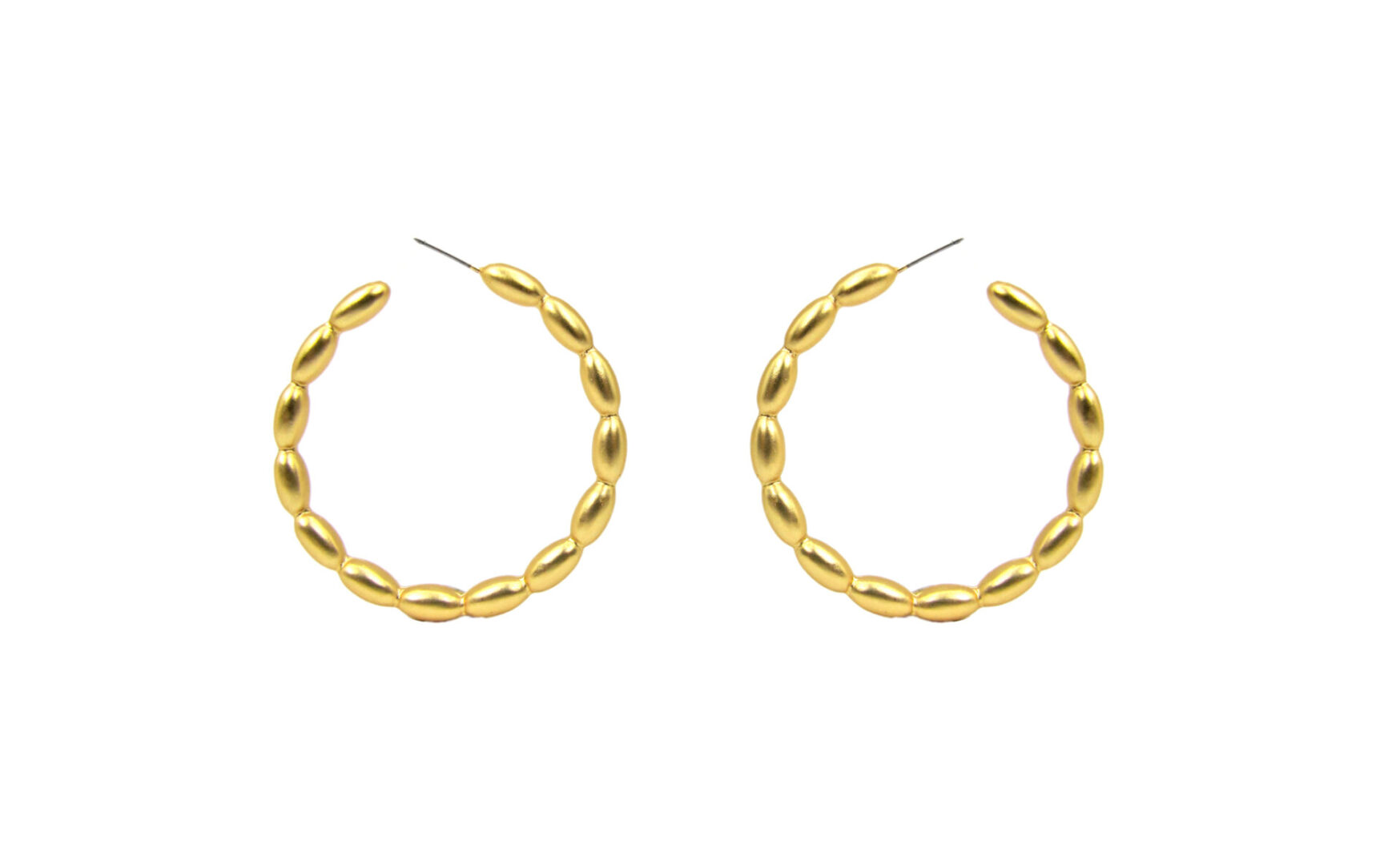 golden earrings with interconnected beadwork