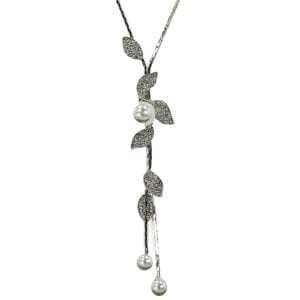 necklace with cascading leaf design and pearl and silver gems