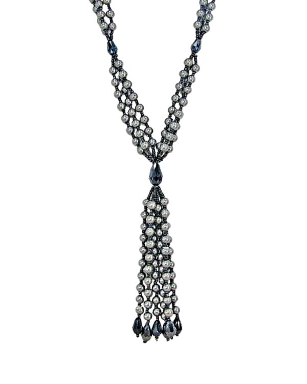 GRAY PEARL AND GLASS BEAD TASSEL NECKLACE