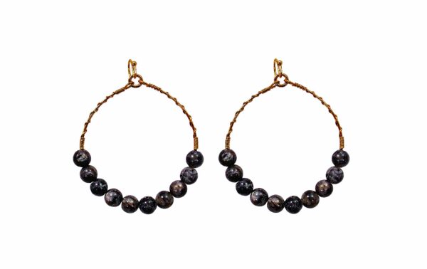 GOLD HOOP EARRINGS WITH GRAY STONE BEADS