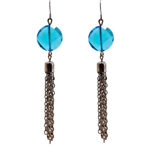 AQUA BLUE GLASS BEAD AND FRINGE EARRINGS - Image 3