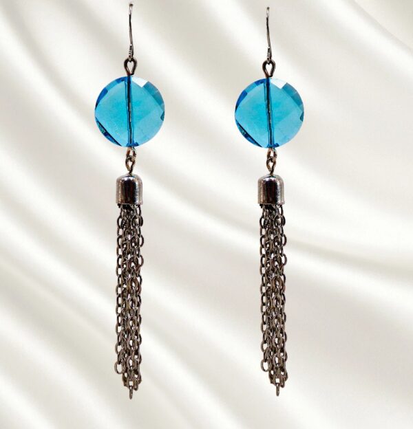 AQUA BLUE GLASS BEAD AND FRINGE EARRINGS - Image 4