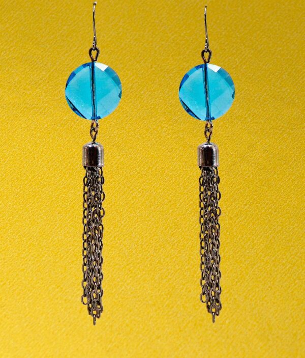 AQUA BLUE GLASS BEAD AND FRINGE EARRINGS - Image 5