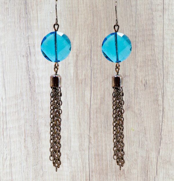 AQUA BLUE GLASS BEAD AND FRINGE EARRINGS - Image 6