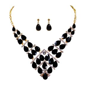 ELEGANT BLACK V SHAPE CRYSTAL STATEMENT NECK & EARRING SET
