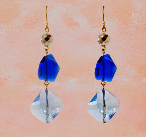 LONG BLUE GLASS TRIPLE BEADED EARRINGS - Image 3