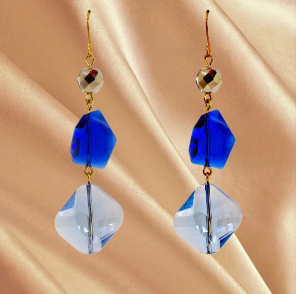 LONG BLUE GLASS TRIPLE BEADED EARRINGS - Image 4