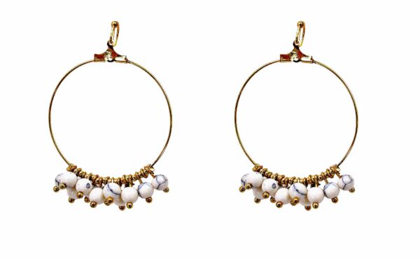 GOLD HOOP EARRINGS WITH SMALL WHITE DANGLING BEADS - Image 5