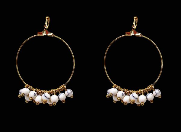 GOLD HOOP EARRINGS WITH SMALL WHITE DANGLING BEADS - Image 2