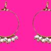 GOLD HOOP EARRINGS WITH SMALL WHITE DANGLING BEADS - Image 4