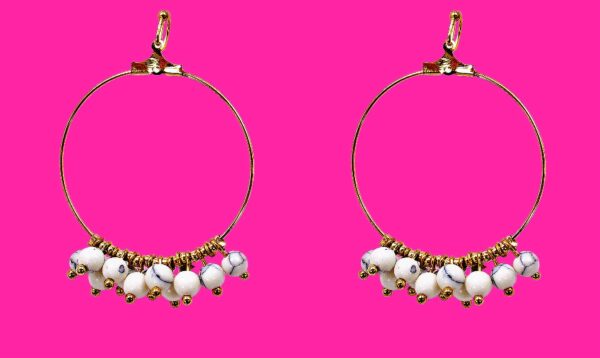 GOLD HOOP EARRINGS WITH SMALL WHITE DANGLING BEADS - Image 4