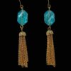 LIGHT BLUE GLASS BEAD EARRINGS WITH GOLD TASSEL - Image 4
