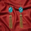 LIGHT BLUE GLASS BEAD EARRINGS WITH GOLD TASSEL - Image 3