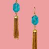 LIGHT BLUE GLASS BEAD EARRINGS WITH GOLD TASSEL - Image 5