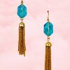 LIGHT BLUE GLASS BEAD EARRINGS WITH GOLD TASSEL - Image 6