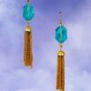 LIGHT BLUE GLASS BEAD EARRINGS WITH GOLD TASSEL - Image 7