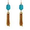 LIGHT BLUE GLASS BEAD EARRINGS WITH GOLD TASSEL