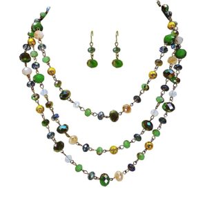 GREEN GLASS BEAD LAYERED NECKLACE AND EARRINGS SET