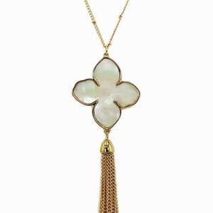 necklace with mother-of-pearl clover leaf pendant and tassel