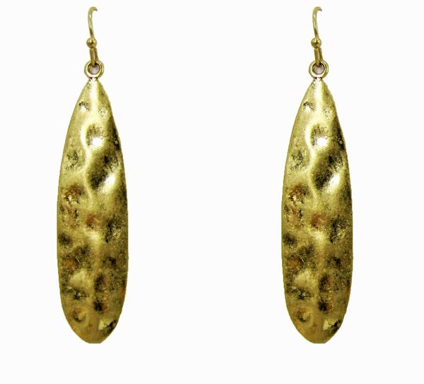 golden elongated earrings with pounded metal texture